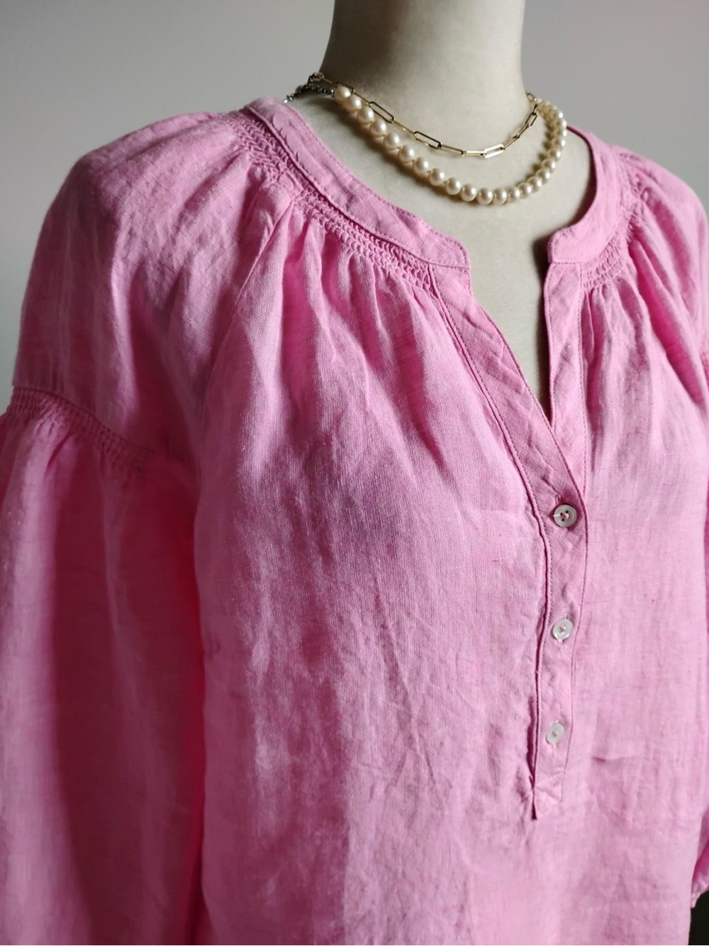 Talbots Bright Pink Linen Henley Peasant Blouse - Like New - Picture 4 of 13